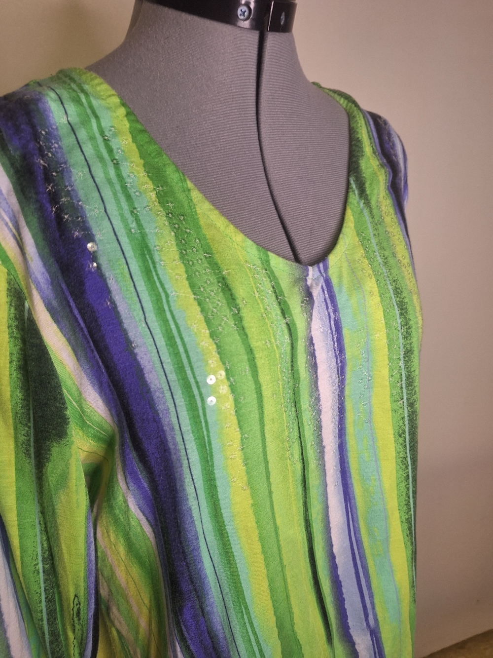 Womenβs Striped Green V-Neck Top W/Sequins Size Large